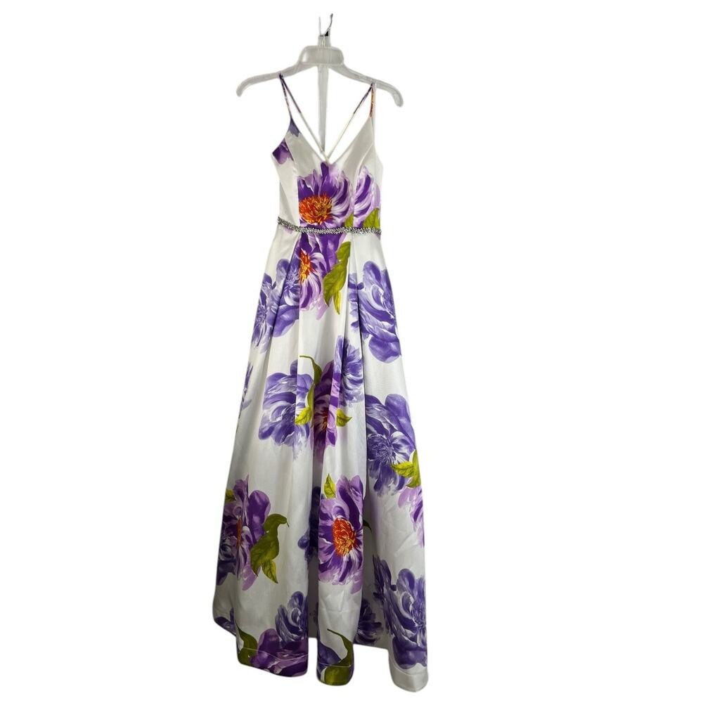 B. Darlin Juniors Spaghetti Strap Floral Print Gown Rhinestone Belt Fairy Sz 1/2